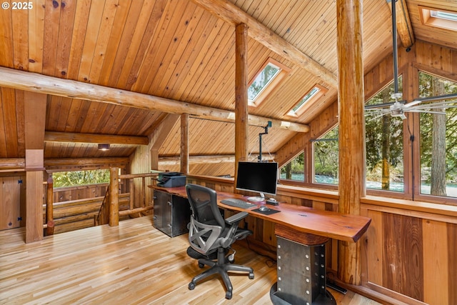 89935 Greenwood Dr, Leaburg, OR 97489 - office area with wood-type flooring, wooden walls, lofted ceiling with skylight, and wood ceiling