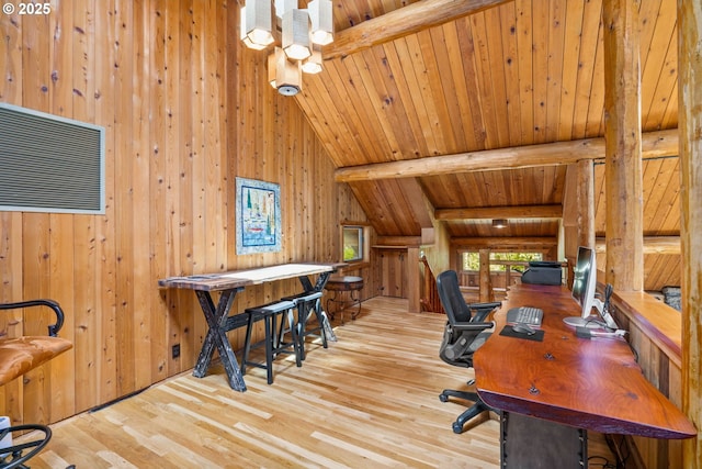 89935 Greenwood Dr, Leaburg, OR 97489 - home office featuring wood ceiling, lofted ceiling with beams, wood finished floors, and wood walls