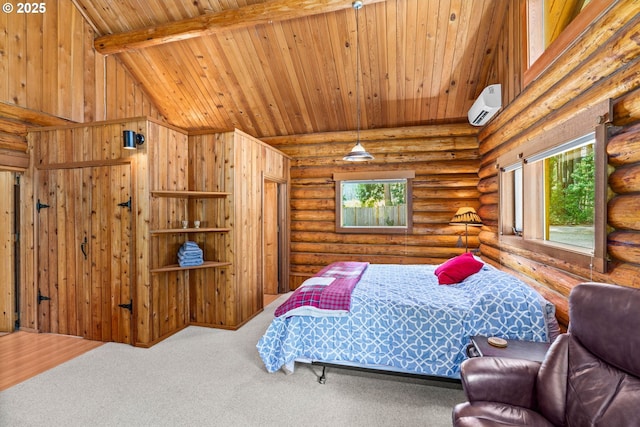 89935 Greenwood Dr, Leaburg, OR 97489 - carpeted bedroom with wood ceiling, an AC wall unit, and lofted ceiling with beams