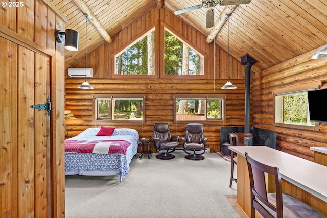 89935 Greenwood Dr, Leaburg, OR 97489 - bedroom featuring high vaulted ceiling, a wall mounted AC, wood ceiling, and multiple windows