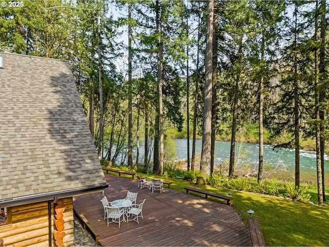 89935 Greenwood Dr, Leaburg, OR 97489 - wooden terrace with outdoor dining area and a water view