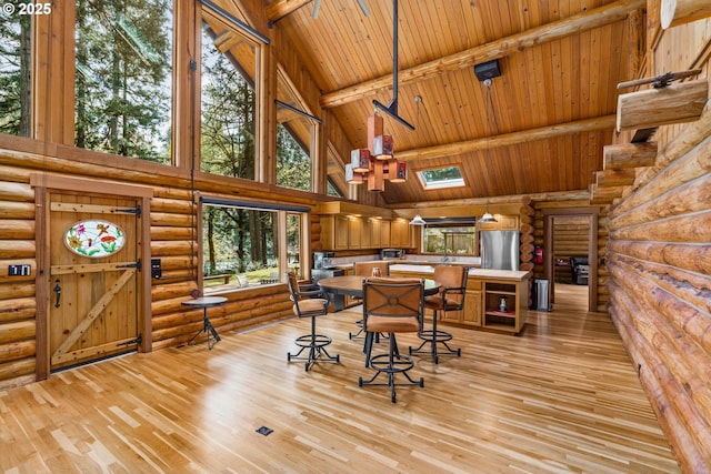 89935 Greenwood Dr, Leaburg, OR 97489 - home office with beamed ceiling, log walls, high vaulted ceiling, and wooden ceiling