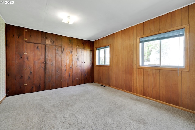 spare room with carpet flooring and wooden walls