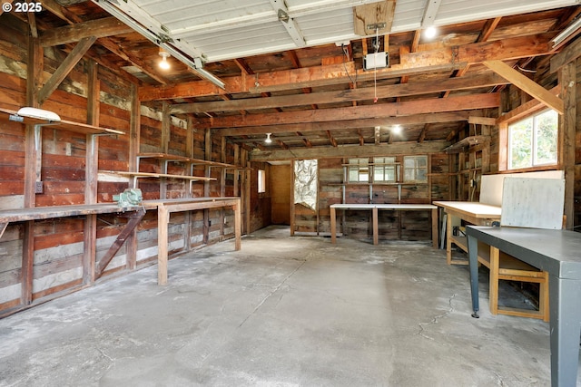 garage with a workshop area