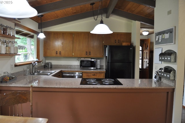 89016 Bridge St, Springfield, OR 97478 - kitchen featuring black appliances, a peninsula, pendant lighting, wooden ceiling, and brown cabinetry