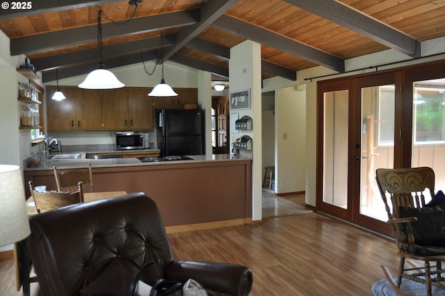 89016 Bridge St, Springfield, OR 97478 - kitchen with black appliances, french doors, wood finished floors, wood ceiling, and hanging light fixtures