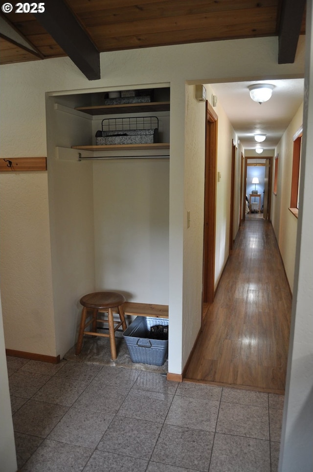 89016 Bridge St, Springfield, OR 97478 - corridor with baseboards and a wooden ceiling with exposed beams