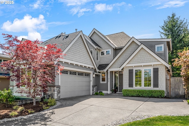 craftsman house featuring concrete driveway, fence, a shingled roof, and a garage