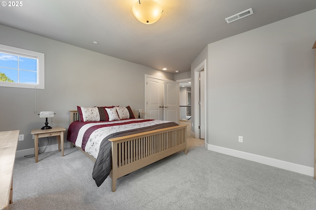 bedroom featuring visible vents, recessed lighting, baseboards, and carpet floors