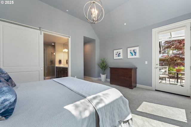 carpeted bedroom with connected bathroom, access to exterior, baseboards, lofted ceiling, and an inviting chandelier