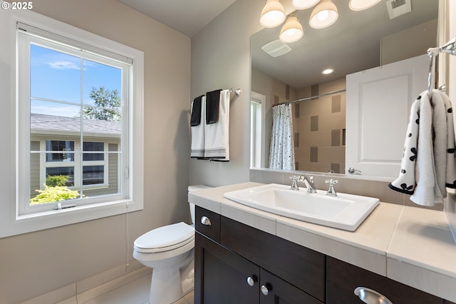 full bath featuring visible vents, vanity, toilet, tile patterned floors, and a shower with curtain