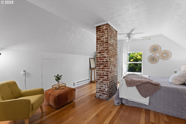 6736 N Haight Ave, Portland, OR 97217 - bedroom with baseboard heating, wood-type flooring, lofted ceiling, and ceiling fan