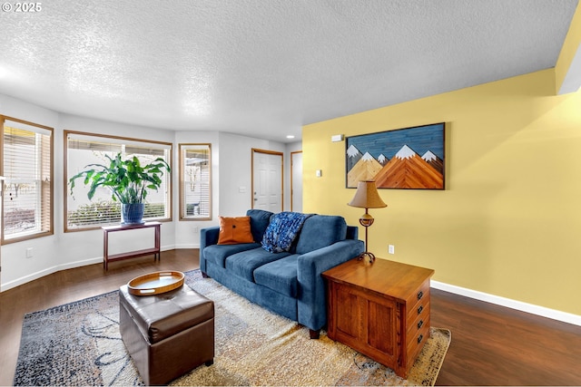 living room featuring a textured ceiling, wood finished floors, and baseboards