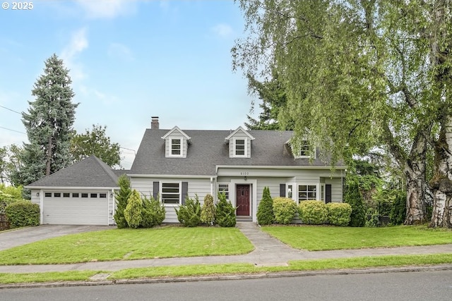 8100 SW 6th Ave, Portland, OR 97219 - cape cod home featuring a chimney, a front lawn, a garage, a shingled roof, and driveway