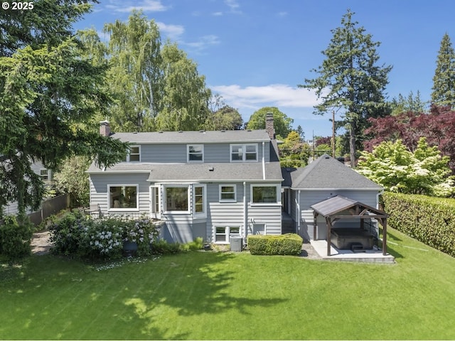 8100 SW 6th Ave, Portland, OR 97219 - rear view of house with a chimney, a gazebo, and roof with shingles