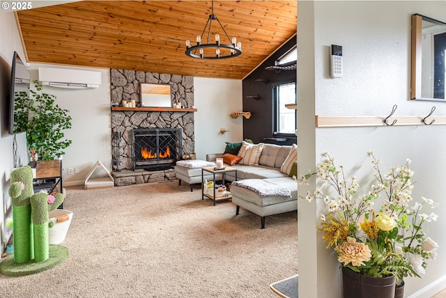 living room featuring carpet, a wall unit AC, a fireplace, wood ceiling, and a chandelier