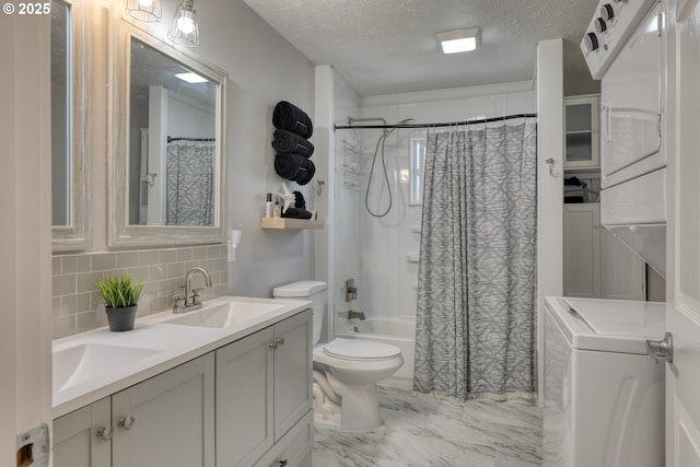 156 1st Ave, Coos Bay, OR 97420 - full bath with marble look tile flooring, a textured ceiling, tasteful backsplash, vanity, and shower / bathtub combination with curtain