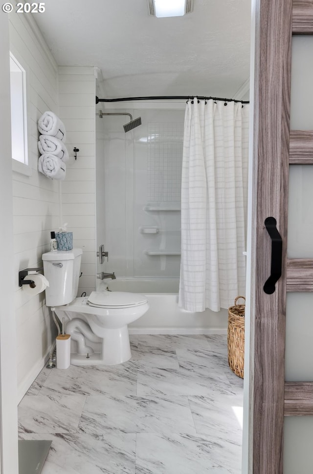 156 1st Ave, Coos Bay, OR 97420 - bathroom featuring toilet, shower / bath combo with shower curtain, and marble finish flooring