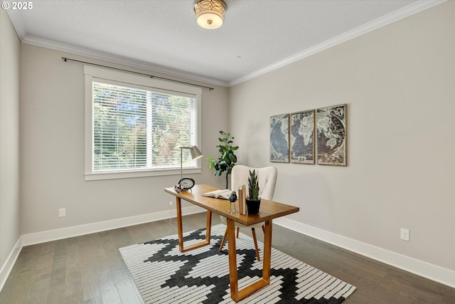 office featuring baseboards, dark wood-type flooring, a textured ceiling, and crown molding