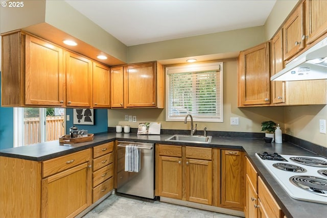 11995 SW 119th Ave, Portland, OR 97223 - kitchen with stainless steel dishwasher, white electric stovetop, under cabinet range hood, a peninsula, and dark countertops