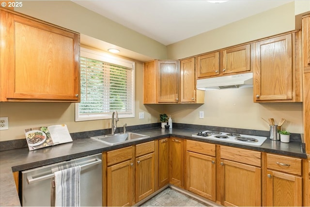 11995 SW 119th Ave, Portland, OR 97223 - kitchen featuring stainless steel dishwasher, under cabinet range hood, white cooktop, and dark countertops