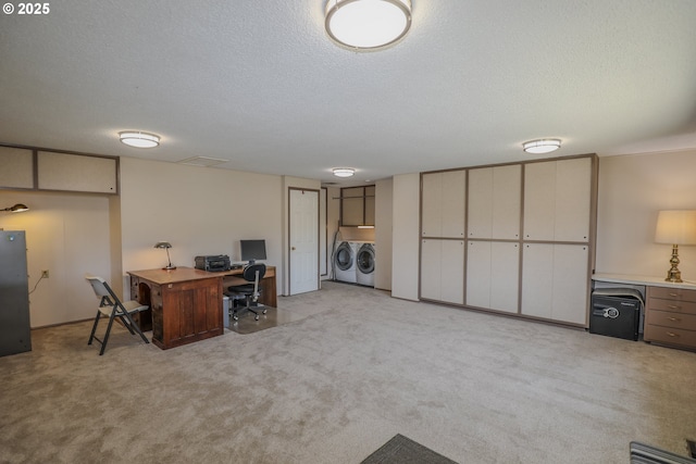 383 Little Valley Rd, Roseburg, OR 97471 - home office with a textured ceiling, separate washer and dryer, and light colored carpet