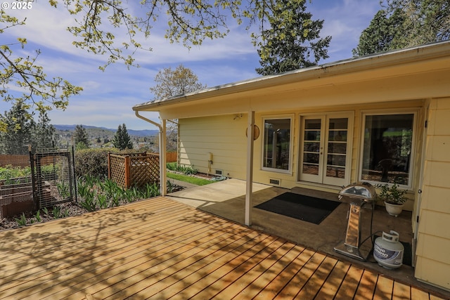 383 Little Valley Rd, Roseburg, OR 97471 - wooden deck with a patio area, a mountain view, and fence