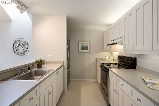 kitchen with white cabinetry, sink, white dishwasher, black range with electric cooktop, and rail lighting