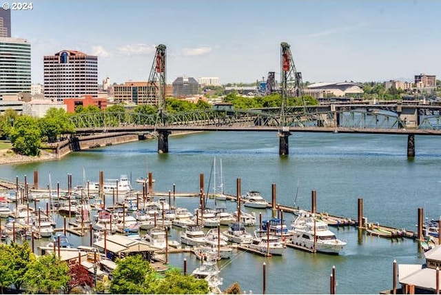 1710 S Harbor Way Unit C405, Portland, OR 97201 - water view with a notable bridge, numerous boat docks, a boat dock, and nearby urban area