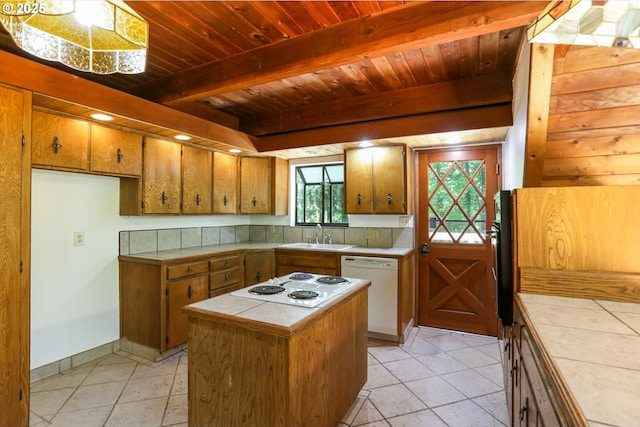 18020 SW Neugebauer Rd, Hillsboro, OR 97123 - kitchen with tile counters, white appliances, wooden ceiling, brown cabinets, and a sink