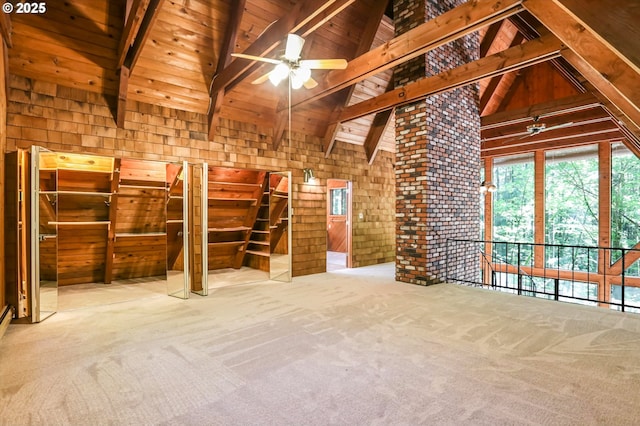 18020 SW Neugebauer Rd, Hillsboro, OR 97123 - unfurnished living room with ceiling fan, carpet floors, wooden walls, and wooden ceiling