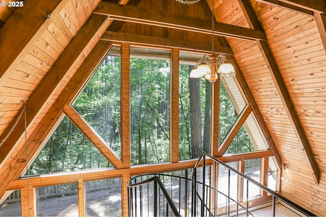 18020 SW Neugebauer Rd, Hillsboro, OR 97123 - detailed view of wooden ceiling, a chandelier, beamed ceiling, and wood walls