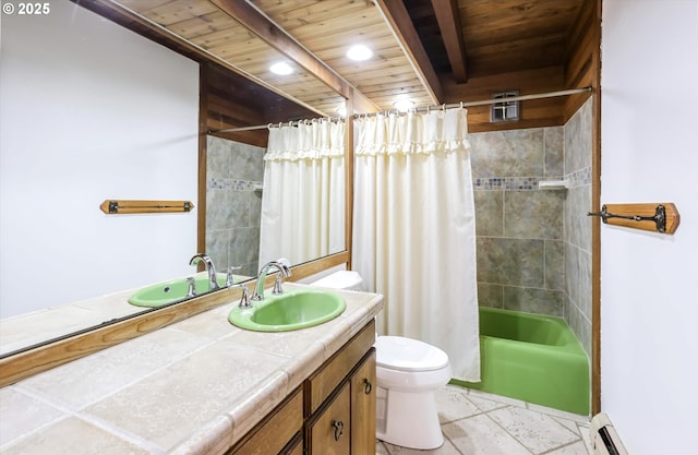 18020 SW Neugebauer Rd, Hillsboro, OR 97123 - full bath with wooden ceiling, toilet, vanity, shower / bath combo, and a baseboard heating unit