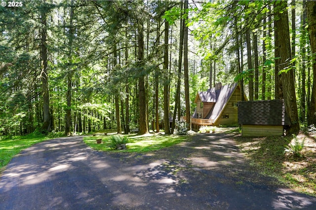 18020 SW Neugebauer Rd, Hillsboro, OR 97123 - surrounding community with asphalt driveway, a storage unit, and a forest view