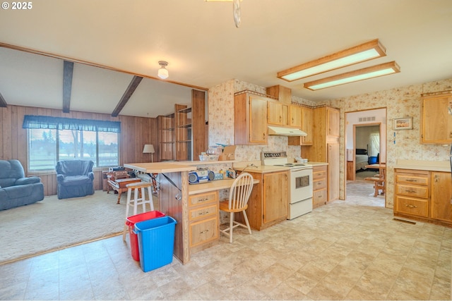 kitchen with light countertops, electric range, light floors, and under cabinet range hood