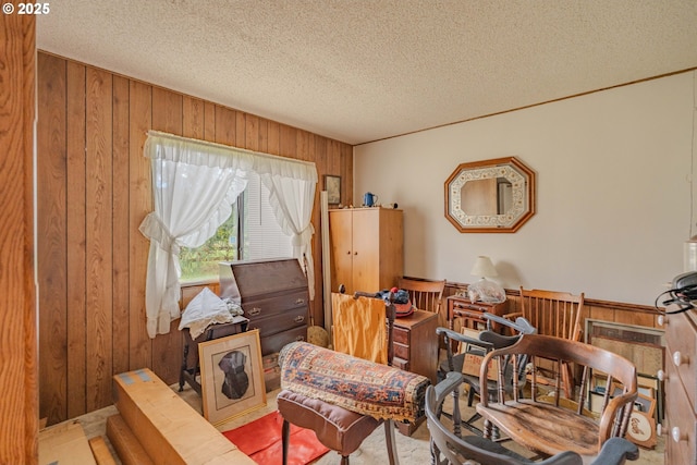 sitting room with a textured ceiling and wood walls