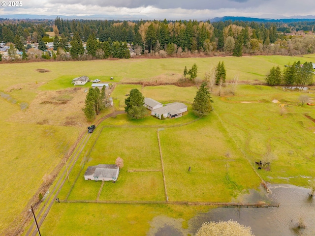 drone / aerial view featuring a rural view and a wooded view