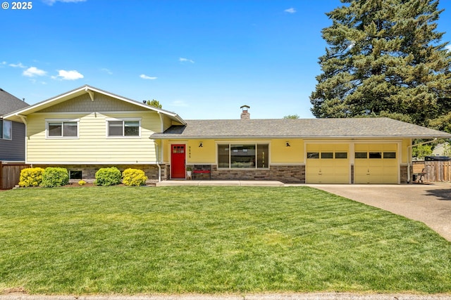 split level home featuring a garage, concrete driveway, and a chimney