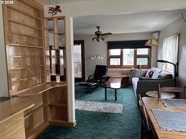 unfurnished living room featuring carpet floors and a ceiling fan