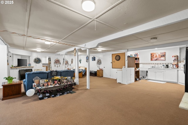 finished basement with light colored carpet