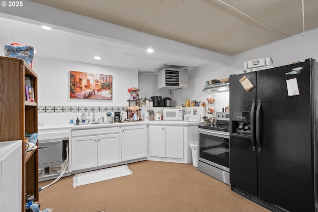 kitchen with white microwave, a sink, stainless steel electric range, open shelves, and black refrigerator with ice dispenser