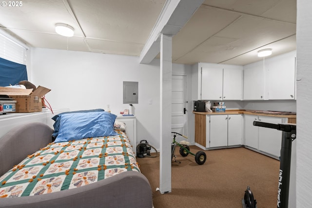 bedroom with electric panel and light colored carpet