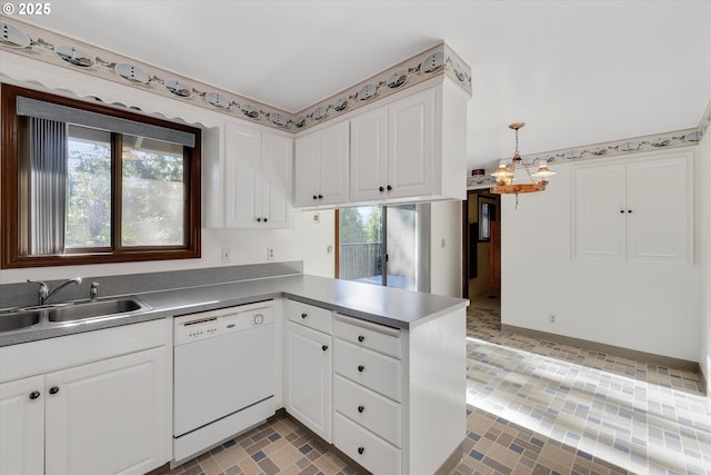 kitchen featuring white dishwasher, sink, white cabinets, and kitchen peninsula