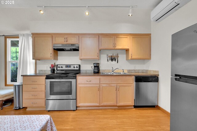 kitchen featuring rail lighting, a sink, under cabinet range hood, and stainless steel appliances