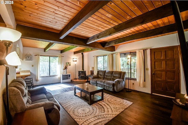 living room featuring a wood stove, wood ceiling, and dark wood-type flooring