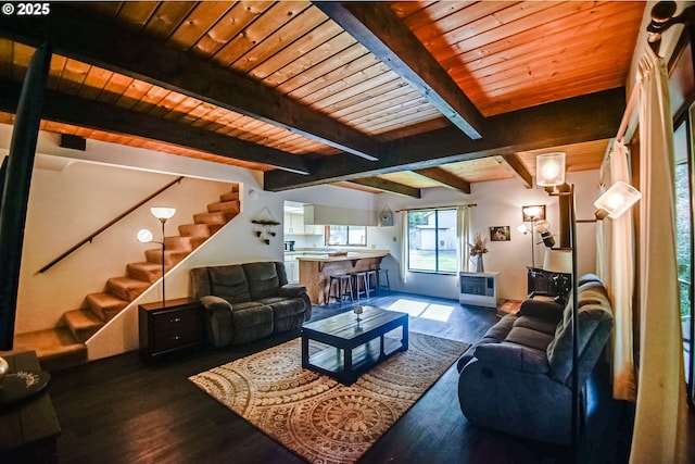 living room with wood ceiling, stairs, beam ceiling, and wood finished floors