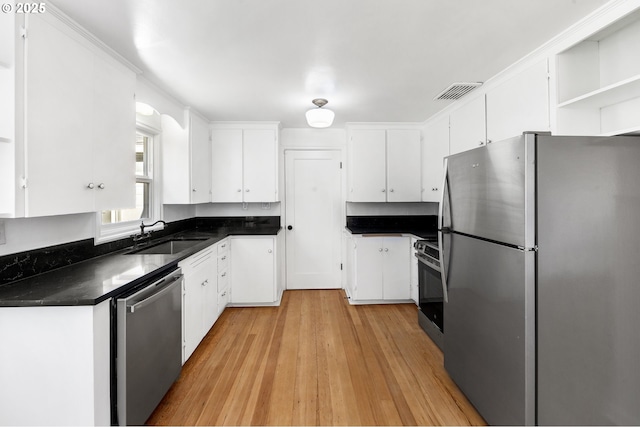 kitchen with sink, white cabinetry, light hardwood / wood-style flooring, and stainless steel appliances