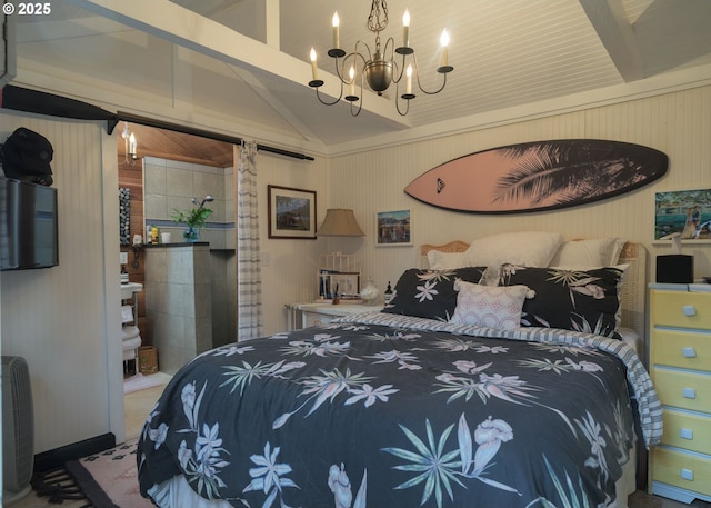762 G St, Gearhart, OR 97138 - carpeted bedroom featuring lofted ceiling, a chandelier, and wood walls