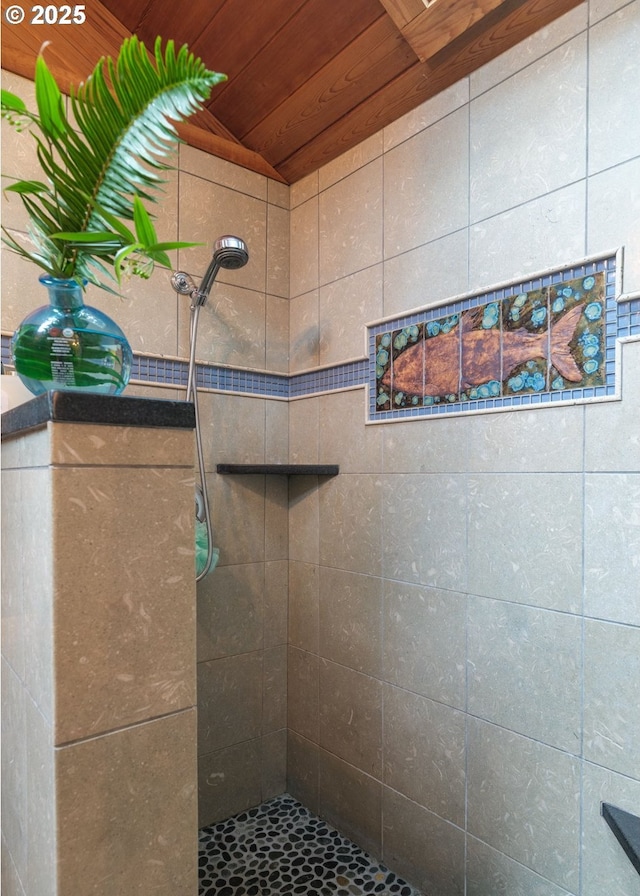 762 G St, Gearhart, OR 97138 - bathroom with tiled shower and wood ceiling