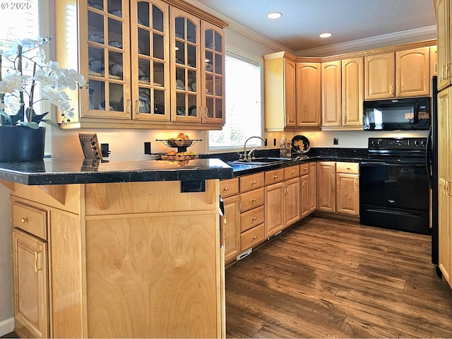 5711 SE Vista Ct, Milwaukie, OR 97267 - kitchen featuring black appliances, crown molding, glass insert cabinets, a sink, and light brown cabinetry
